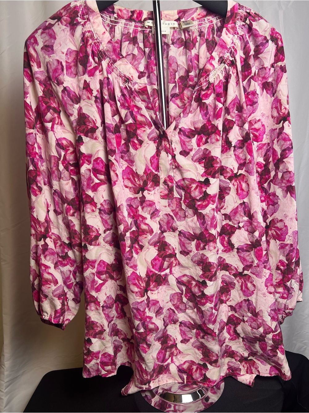 MAX STUDIO 100% Silk Tunic Peasant Blouse Pink Magenta Floral Women's Size XL